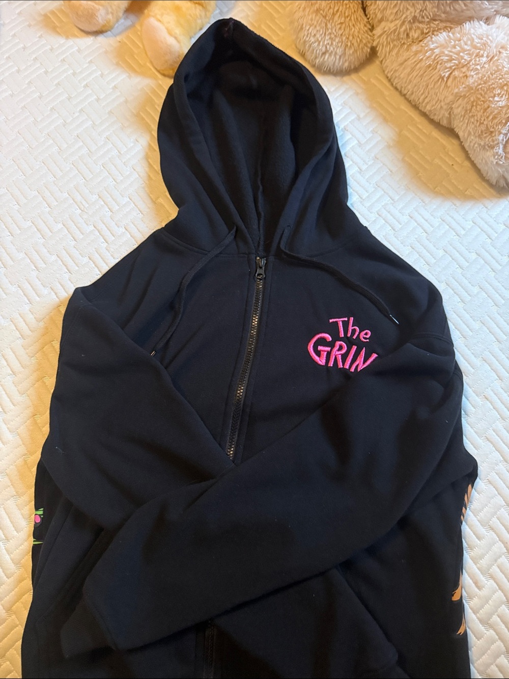 Dr. Seuss Black Hoodie with Pink 'The Grinch' Embroidery firm pricing NWOT